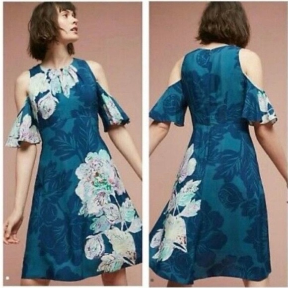 Maeve Anthropologie Floral Cold Shoulder Teal Midi Length Dress Sz 4 Modest - Picture 1 of 14